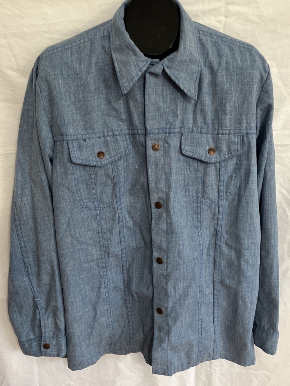 Men's Vintage Size L Blue Sears Western Wear Snap Button Down Shirt Flap Pockets